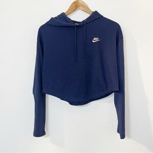 Nike women’s cropped blue hooded long sleeve curved hem top with drawstring